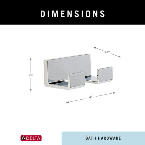 Double Towel Hook Wall Mount For Bathroom Or Kitchen In Polished Chrome Finish, Space Saving Design, dimensions labeled