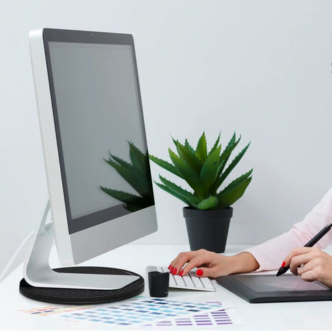 Slick 10 Inch Heavy Duty Swivel Base With A Slim Zero Point Eight Inch Profile and Rock Solid One Hundred Pound Support for smooth 360 degree spin under a monitor.
