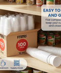 12 Oz Insulated Foam Cups 100 Pack Grab And Go Disposable Coffee Cups stored in pantry box with easy access.