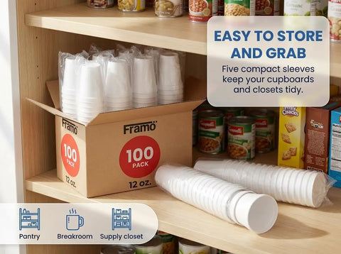 12 Oz Insulated Foam Cups 100 Pack Grab And Go Disposable Coffee Cups stored in pantry box with easy access.