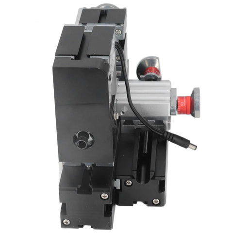 Top Shelf Mini Metal Lathe Machine Boasts Quick 12VDC 60W Motor Revving Up To 12000 RPM Along Strong Drill Chuck side view.