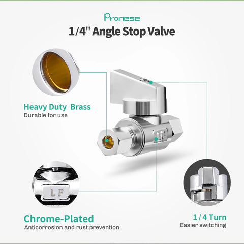 Proinese 1/4-inch compression angle stop valve, chrome-plated brass, side view, quarter-turn