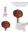 Top Tier Locking Tuning Pegs For Acoustic Electric Guitar In Silver With Rustproof Sealed Machine Heads And Screws Bushings For Fast Accurate Pitch Control That Will Totally Upgrade Your String Game Today. silver locking tuner close-up with sealed gear and brown knob