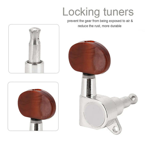 Top Tier Locking Tuning Pegs For Acoustic Electric Guitar In Silver With Rustproof Sealed Machine Heads And Screws Bushings For Fast Accurate Pitch Control That Will Totally Upgrade Your String Game Today. silver locking tuner close-up with sealed gear and brown knob