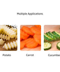Crinkle cutter set in green and blue, shown with crinkle-cut potato, carrot, and cucumber slices