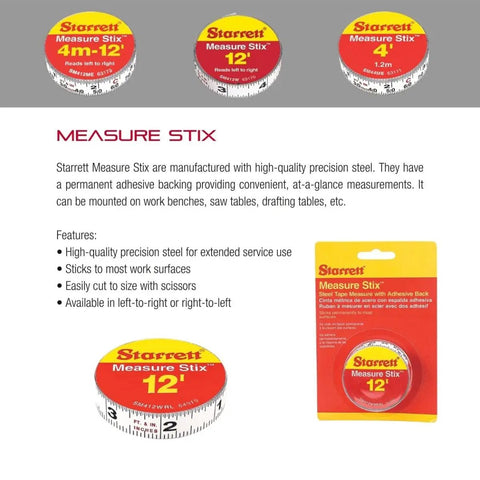Adhesive Backed Tape Measure Stix For Quick, On The Fly Measurements On Your Workbench, Saw Table Or Drafting Desk, Half Inch By 6 Foot Imperial Tape With Right And Left Reading - Various lengths in packaging