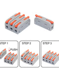 Snazzy Mini Push In Wire Splitter Terminal Block With 10 Pieces For Instant Tool Free Splicing Of Solid Stranded And Flexible Copper Conductors In Home Wiring And Led Projects Featuring Tin Plated Contacts And Flame Retardant PA66 Housing Rating For gray 3-port connector, push-in wire terminal with step guide