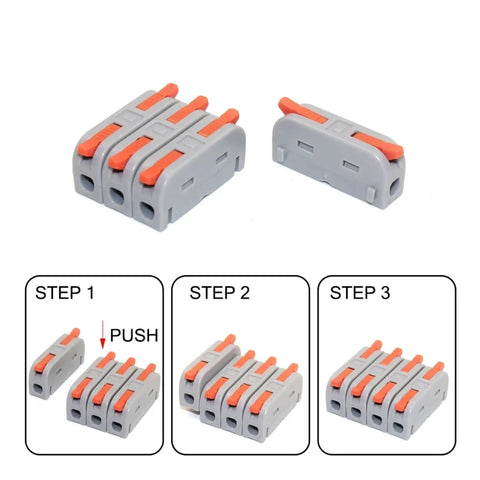 Snazzy Mini Push In Wire Splitter Terminal Block With 10 Pieces For Instant Tool Free Splicing Of Solid Stranded And Flexible Copper Conductors In Home Wiring And Led Projects Featuring Tin Plated Contacts And Flame Retardant PA66 Housing Rating For gray 3-port connector, push-in wire terminal with step guide