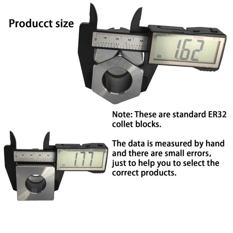 ER 32 Collet Block Set Square And Hex Chuck Block with digital caliper measuring dimensions for precise drilling and milling