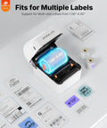 Wireless Bluetooth 4x6 Shipping Label Printer For iPhone And Android No Fuss Setup Print 4x6 Labels For Amazon eBay Shopify Etsy UPS Portable Thermal Label Printer For Packages With RLabel App White, showing multiple label sizes supported.