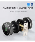Solid Pro Grade Smart Lock Fingerprint Knob Door with Wireless APP Control, black ball knob design, easy install, keyless entry.