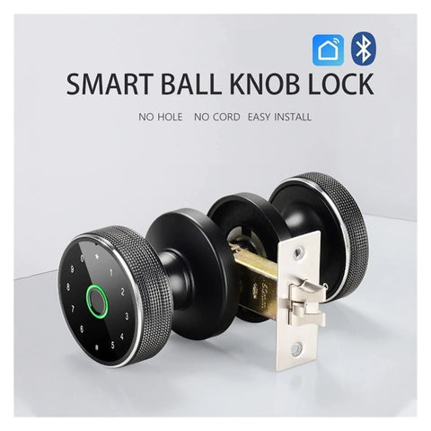 Solid Pro Grade Smart Lock Fingerprint Knob Door with Wireless APP Control, black ball knob design, easy install, keyless entry.
