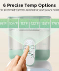 Portable Instant Water Warmer For Baby Formula With Adjustable Temperature Settings And Quick Heating Technology That Is A Legit Game Changer For On The Go Parents Who Want Seamless Bottle Prep Daily showing six temperature options and control interface.
