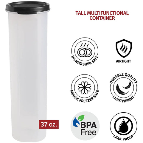 Tall Clear Spaghetti Pasta Storage Jar With Airtight Lid For Pantry Organization, Leakproof BPA Free 37 Oz, shown with features