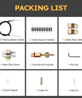 Packing list for Solid Gold Universal Parking Brake Cable Replacement Kit with 110 Inch durable lines including cables and hardware.