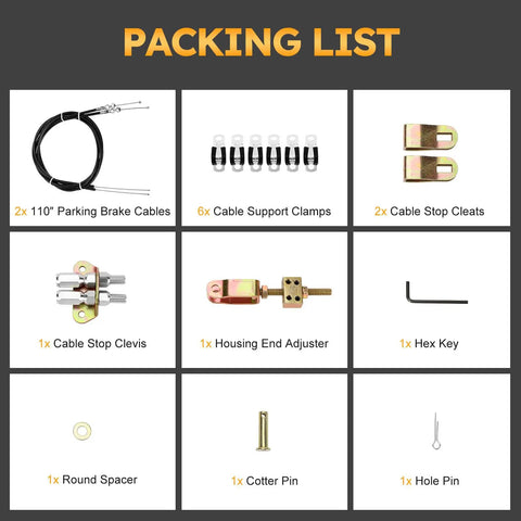 Packing list for Solid Gold Universal Parking Brake Cable Replacement Kit with 110 Inch durable lines including cables and hardware.