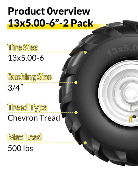 Heavy Duty Thirteen By Five Inch Rear Tine Tiller Tire And Wheel Set Four Ply Puncture Resistant Construction Three Quarter Inch Axle Bore Replacement For Garden Tiller And Farm Equipment Easy Bolt On Install Two Pack, showing 13x5.00-6 size, 3/4" bushing, Chevron tread, 500 lbs max load.