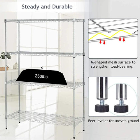 Adjustable Heavy Duty Wire Shelving Rack Four Tier Metal Storage Unit Totally Tool Free Setup Built Tough For Garage And Closet Holds Two Hundred Fifty Pounds Per Shelf Chrome Finish