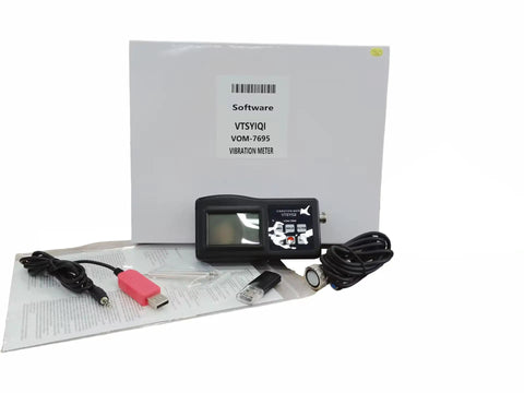 Vibe Meter Vibrometer For Machinery With RS232 Software And USB Cable Measures 0.01 To 400 mm/s For Onsite Quality Control, Commissioning, And Predictive Maintenance, box and accessories