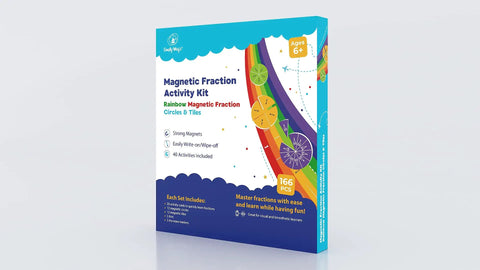 Box of 166 Piece Magnetic Fractions Kit For Hands On Math Learning With Fraction Strips Tiles Circles And Bars on white background.
