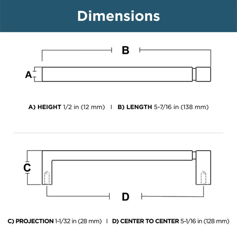 Brushed Brass Modern Cabinet Handles Ten Pack With Five And One Sixteenth Inch Center To Center Pulls For Drawers And Doors Ideal For Kitchen Cabinets And Dressers With Asymmetric Contemporary Design - Dimension diagram showing height, length, projection, and center to center measurements.