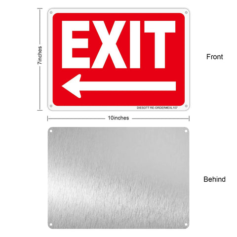 No Hassle Installation Heavy Duty Exit Signs With Left Arrow 10X7 Inch Fade Resistant Aluminum Safety Plaque Indoor Outdoor Wall Mounted, showing front and back views.