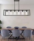 Modern Kickin Farmhouse Pendant Lighting For Kitchen Island With Black Finish, Square Metal Cage, six alabaster glass shades