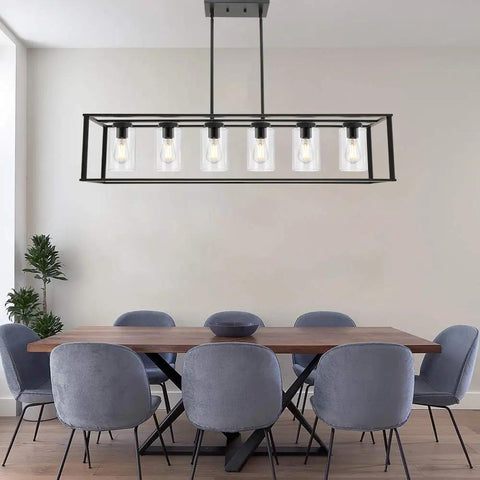 Modern Kickin Farmhouse Pendant Lighting For Kitchen Island With Black Finish, Square Metal Cage, six alabaster glass shades