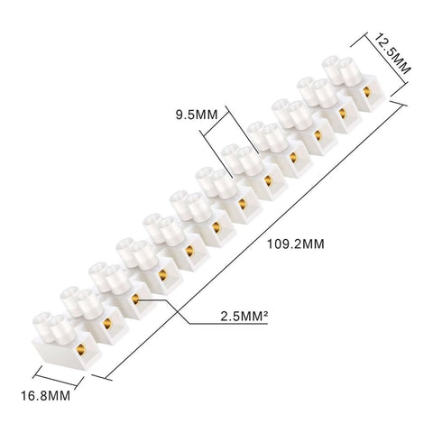 12-Position Dual Row White Screw Terminal Block Set 10 A 380 V Wire Connector with PP Shell and measurements