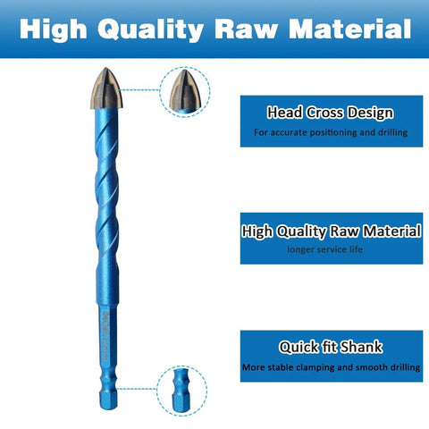 Masonry drill bit front view, blue coating, carbide-tipped with spiral flutes and quick-change shank