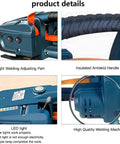 Heavy Duty Battery Powered Electric Strapping Machine For 13 To 16Mm Pp Pet Melting Tape, showcasing tight welding adjuster and antiskid handle.