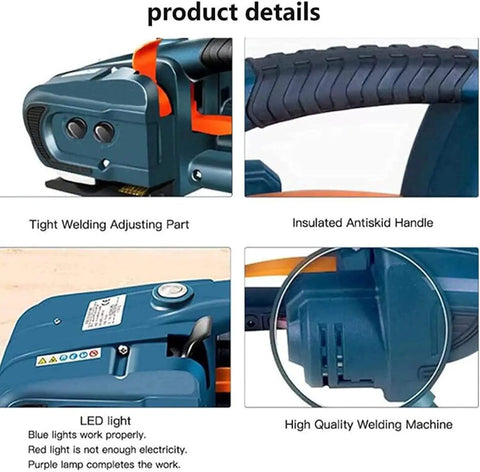Heavy Duty Battery Powered Electric Strapping Machine For 13 To 16Mm Pp Pet Melting Tape, showcasing tight welding adjuster and antiskid handle.