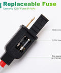 Close-up of replaceable fuse in power adapter for Boss Grade LED Construction String Lights 100W 10000 Lumens 100Ft