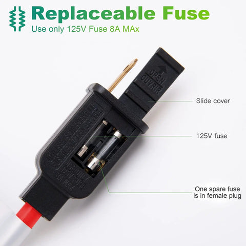 Close-up of replaceable fuse in power adapter for Boss Grade LED Construction String Lights 100W 10000 Lumens 100Ft