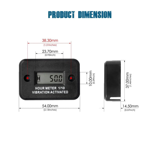 Vibration Activated Digital Hour Meter For Small Engines No Wiring Hassle Just Cut Induction Coil To Start Timing Automatically Works With Gas Diesel AC DC And Battery Powered Equipment, 54mm black plastic