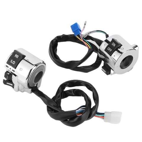 Universal 25mm Motorcycle Handlebar Switch Pair Headlight Turn Signal and Horn Control Set with chrome finish and rubber buttons.