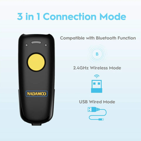 Front view of 2D Wireless Barcode Scanner with Bluetooth and USB Dock for Inventory Management, showing connection modes.