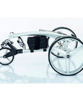 Side view of Super Slick Foldable Electric Golf Trolley with black bag. Adjustable for smooth golf course navigation.