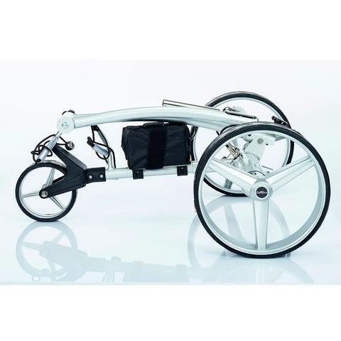 Side view of Super Slick Foldable Electric Golf Trolley with black bag. Adjustable for smooth golf course navigation.