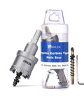Knockout 1 3/4 Inch Hole Saw Kit Featuring Heavy Duty Tungsten Carbide Tipped Cutter and Sharp M2 Pilot Bit for Smooth Drilling, includes pilot bit and hex key.