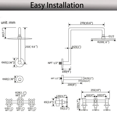 Installation diagram for Matte Black Three-Handle Shower Faucet Set With Tub Spout, Wall Mounted Steel Bath Faucet With Rough-In Valve.