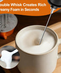 Handheld Milk Frother With Double Whisk Battery Operated Electric Foam Maker and Drink Mixer in cup creating foam