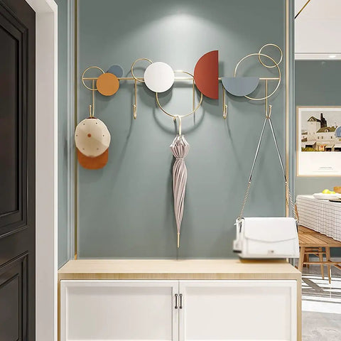 Premium Heavy Duty Wall Mounted Coat Hooks Sleek Wrought Iron Metal Rack for Entryway with hats and umbrella displayed.