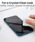 Person cleaning smartphone screen with Streak-Free Screen Cleaner Wipes For TV, Computer, Laptop, iPad And Monitor With Microfiber Cloth, 90 Wipes Pack, No Residue Cleaning Solution For All Screens, Easy On Glass And LCD Displays.