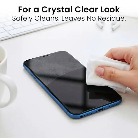 Person cleaning smartphone screen with Streak-Free Screen Cleaner Wipes For TV, Computer, Laptop, iPad And Monitor With Microfiber Cloth, 90 Wipes Pack, No Residue Cleaning Solution For All Screens, Easy On Glass And LCD Displays.