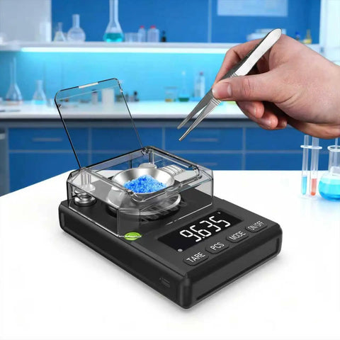Person using Ultra Precise 100g Pocket Scale With 0.005g Readout, Tare And Counting Function, measuring blue powder in lab