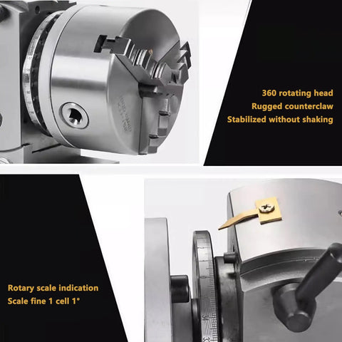 Precision Built Indexing Head With Tailstock For 6 Inch Milling Machine Rotary Table showing 360 rotating head and rotary scale indicator.