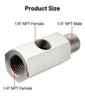 EVIL ENERGY stainless steel oil pressure sensor tee adapter with 1/4 NPT female, 1/4 NPT male and 1/8 NPT female ports