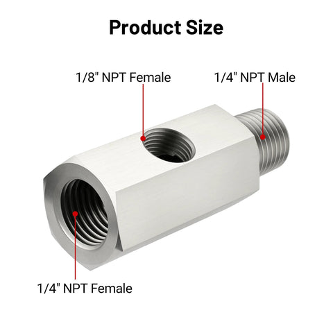 EVIL ENERGY stainless steel oil pressure sensor tee adapter with 1/4 NPT female, 1/4 NPT male and 1/8 NPT female ports
