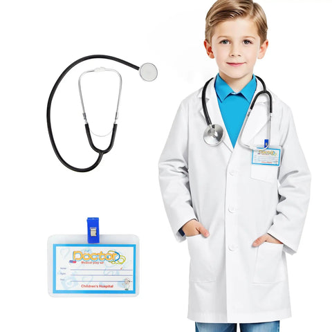 Kid in Kids Doctor Lab Coat Set With Stethoscope And Name Tag For Dress Up Scientist Costume For Boys And Girls Ages 3 To 12 White Size 130CM